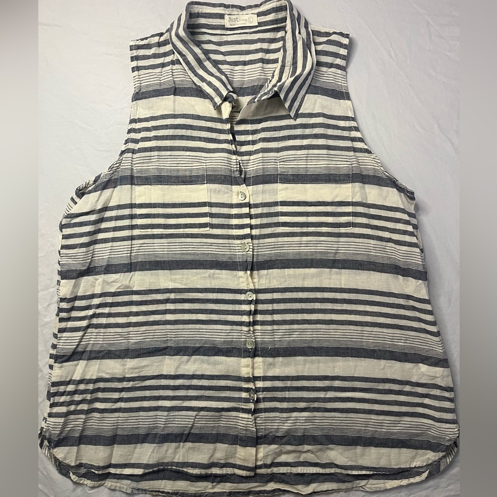 Just Living Navy and White Striped Button-Down Shirt